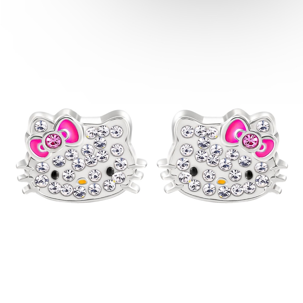 Sanrio Hello Kitty Fine Silver Plated Stud Earrings with Pink Bow Gift Girls NWT